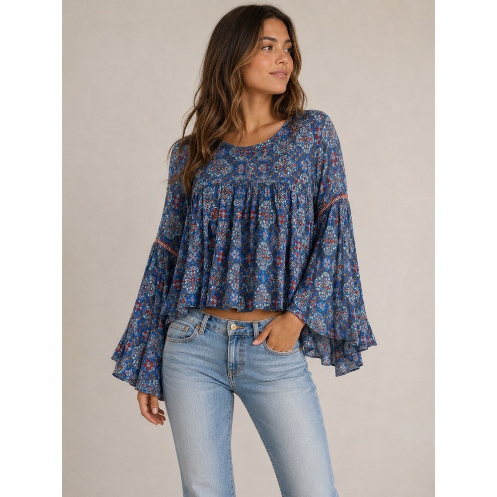 Hollister Bell Sleeve Blouse Large Blue Medallion Boho Crochet Trim Top